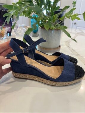 SCHUTZ Royal blue Suede Espadrille 2.5”Wedge Sandals with Black Stone Beaded Toe